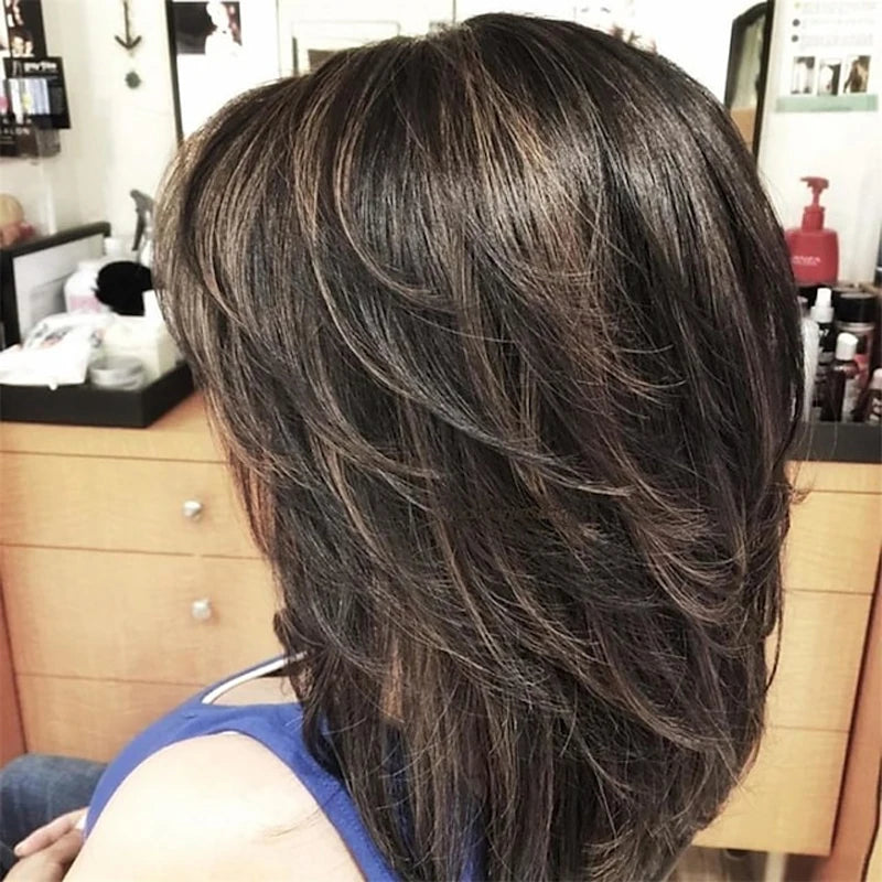 HAIRJOY Dark Gray Ombre Layered Wigs with  Bangs for Black Women Synthetic Hair Short Gray Highlight Straight  Layered Bob Wig