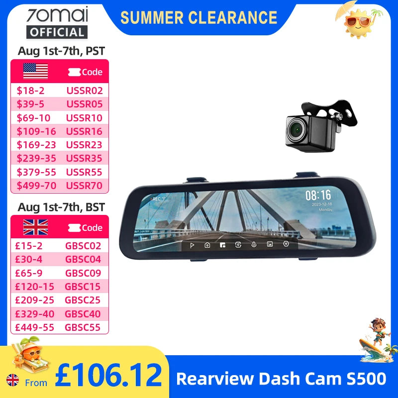 70mai S500 9.35" 1944P Rearview Dash Cam with Touch Screen