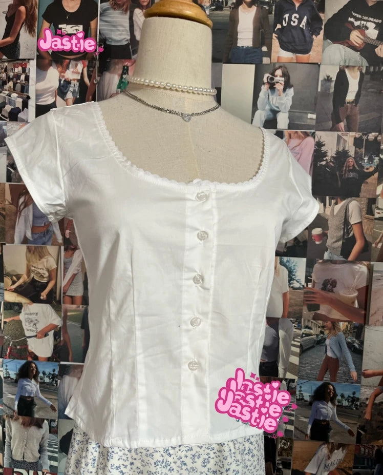 White Lace Tied Square Neck Summer T-shirts Chic Elegant Short Sleeve Tee Cotton Y2K Street Casual Bow Tie-up Top Women