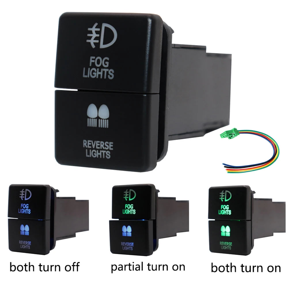 12V Dual Push Button Switch ON-Off Blue/Green Backlit 32.5mm X 22mm for Toyota 4Runner Hilux Prado RAV4, with Connector Wire