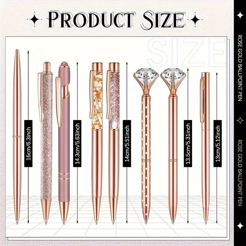 8pcs Rose Golden Ballpoint Pen Set - Stylish Metal Pens with Crystal Accents - Perfect for Students, Office, Gifts, and Weddings