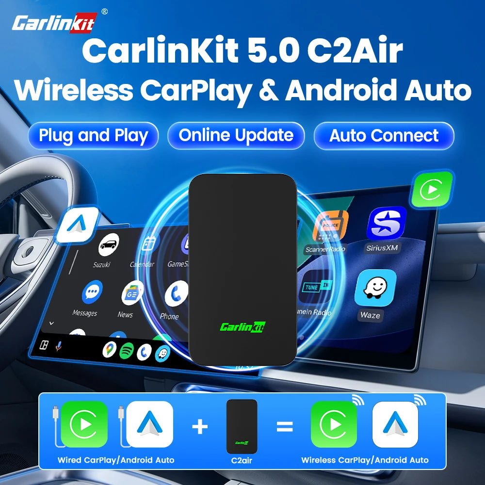CarlinKit 5.0 C2Air Wireless Adapter Wireless CarPlay Android Auto Plug &Play 2.4Ghz&5.8Ghz WiFi BT Auto Connection For OEM Cars
