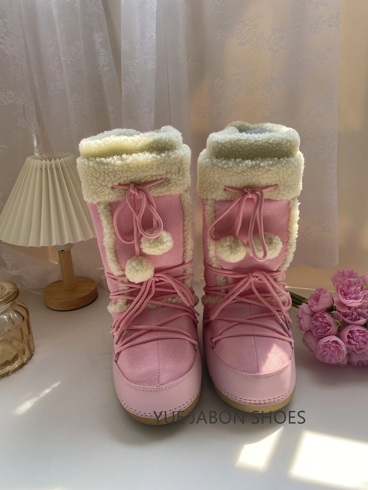 Women's Pink Plush Lace-Up Snow Boots, Platform