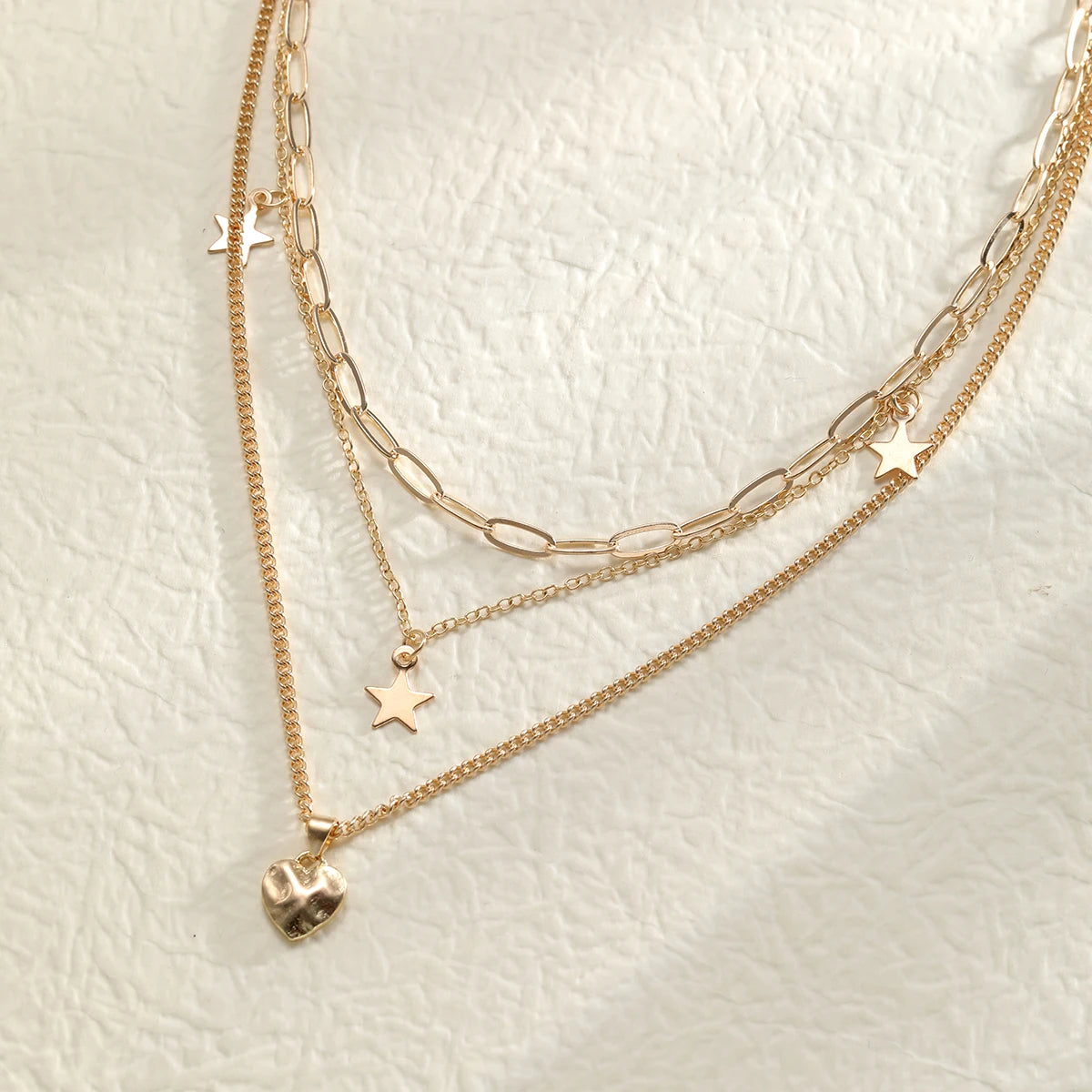 9 Pc Layered Choker Necklace Set for Women - Heart & Star Pendants
