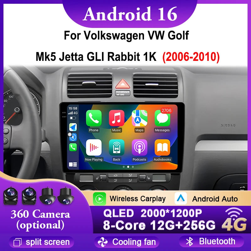 Android Car Stereo for VW Golf Mk5, Jetta GLI, Rabbit 1K (2006–2010) — CarPlay, Android Auto, GPS, 4G, WiFi