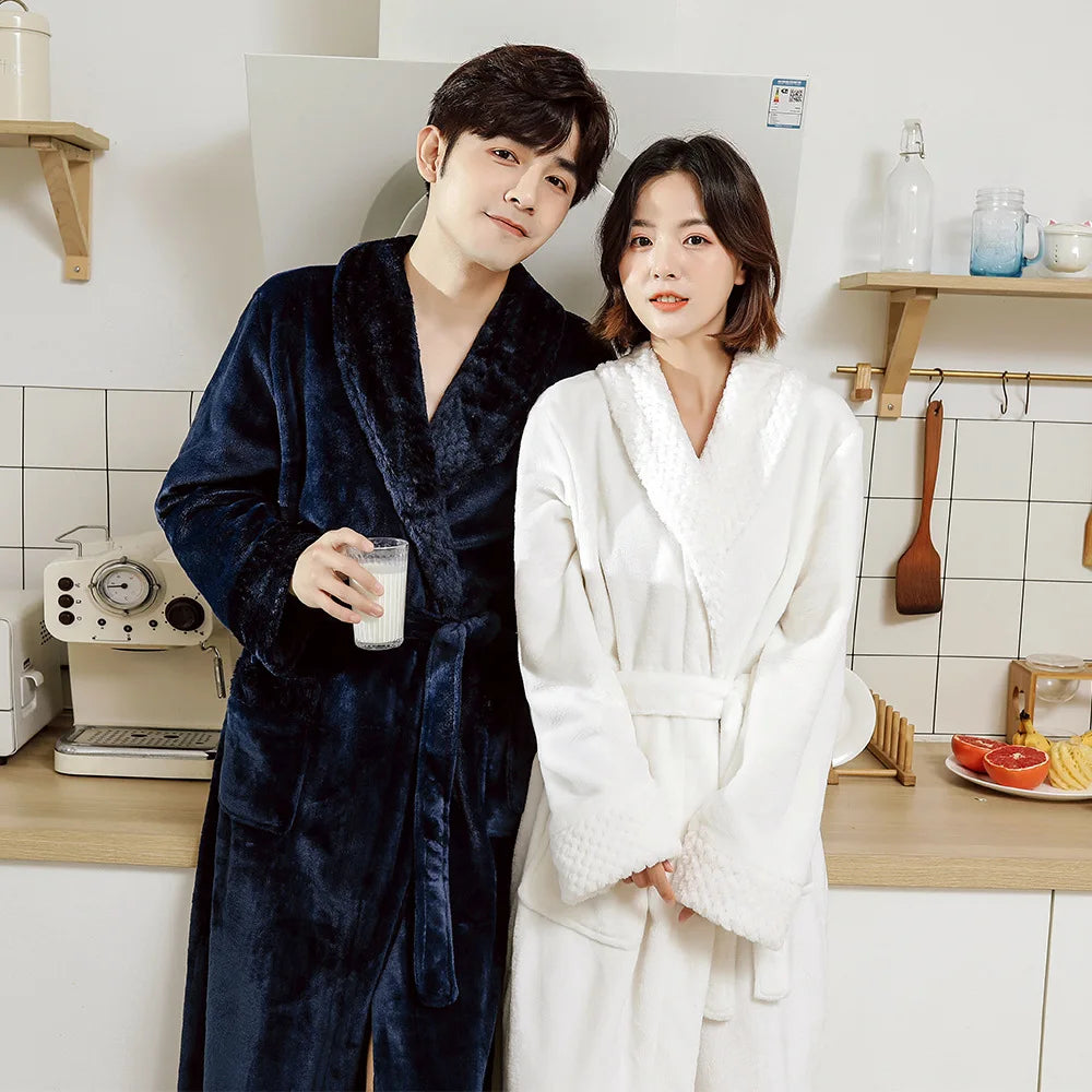 Couples Flannel Robe, Long Warm Fleece Bathrobe for Men and Women