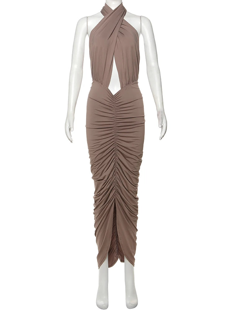Weird Puss Backless Dress Women Fashion Peach Buttocks Sexy Sleeveless Stretch Summer Sexy Midnight Cross Halter Maxi Bodycon