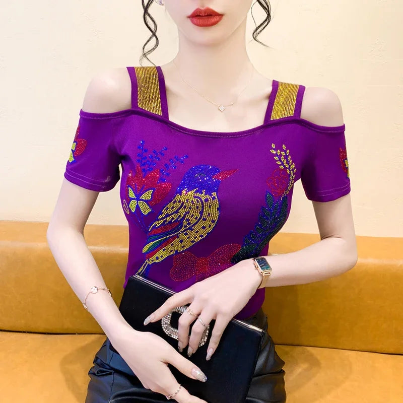 Women's Off-Shoulder Rhinestone Mesh Top