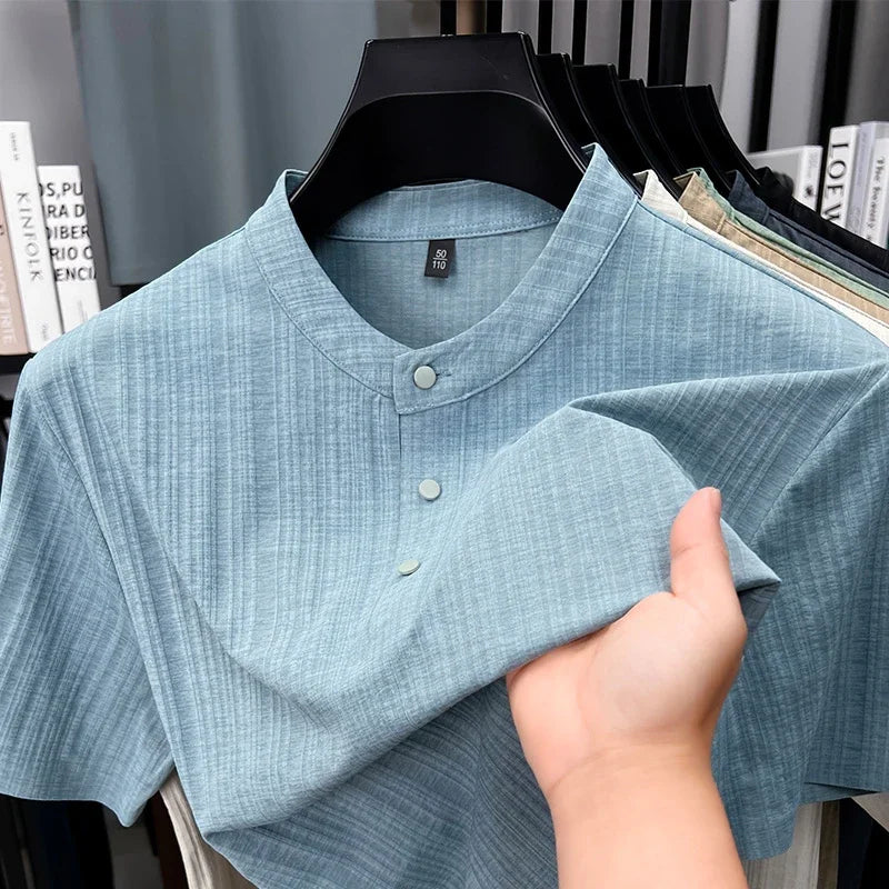 Men's Mandarin Collar Henley - Three-Button, Breathable Slim Fit
