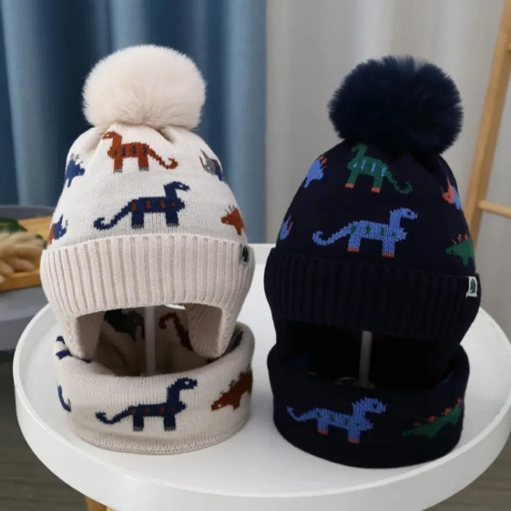 Kids Ear Flap Beanie & Scarf Set - Soft Knit Winter Hat 2 Piece