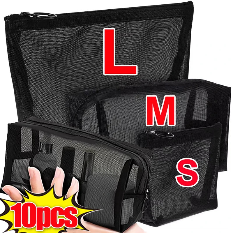 12-1PCS Clear Mesh Storage Bag Small Large Black Cosmetic Bag Portable Travel Toiletry Container Pouches Bags Bathroom Organizer