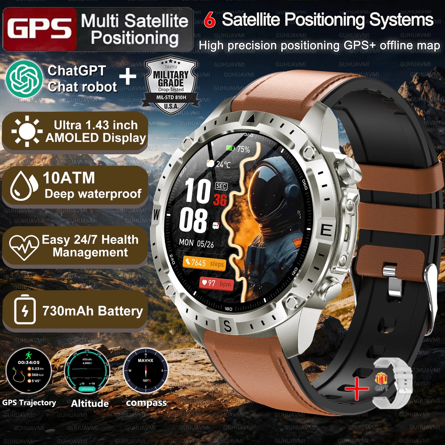 Military-Style GPS Smart Watch — Offline Maps, 10ATM, 2GB RAM