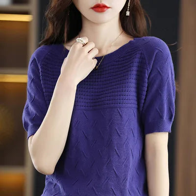 100% cotton short sleeve 2023 summer new women's round neck pullover loose knit solid color top casual vest fashion T-shirt