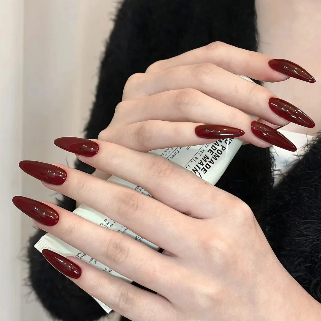 Red Stiletto False Nails Tips Almond Press on Nail French Tip Solid Color Fake Nails for Women New Year Party DIY Manicure 24Pcs