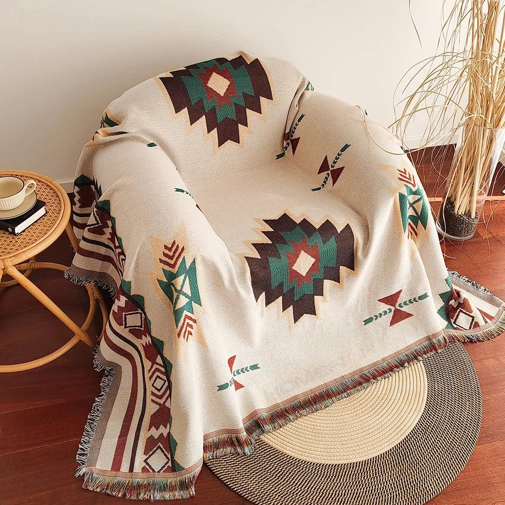 Aztec Boho Throw Blanket with Fringe - Oversized Geometric Woven Throw - photo 7