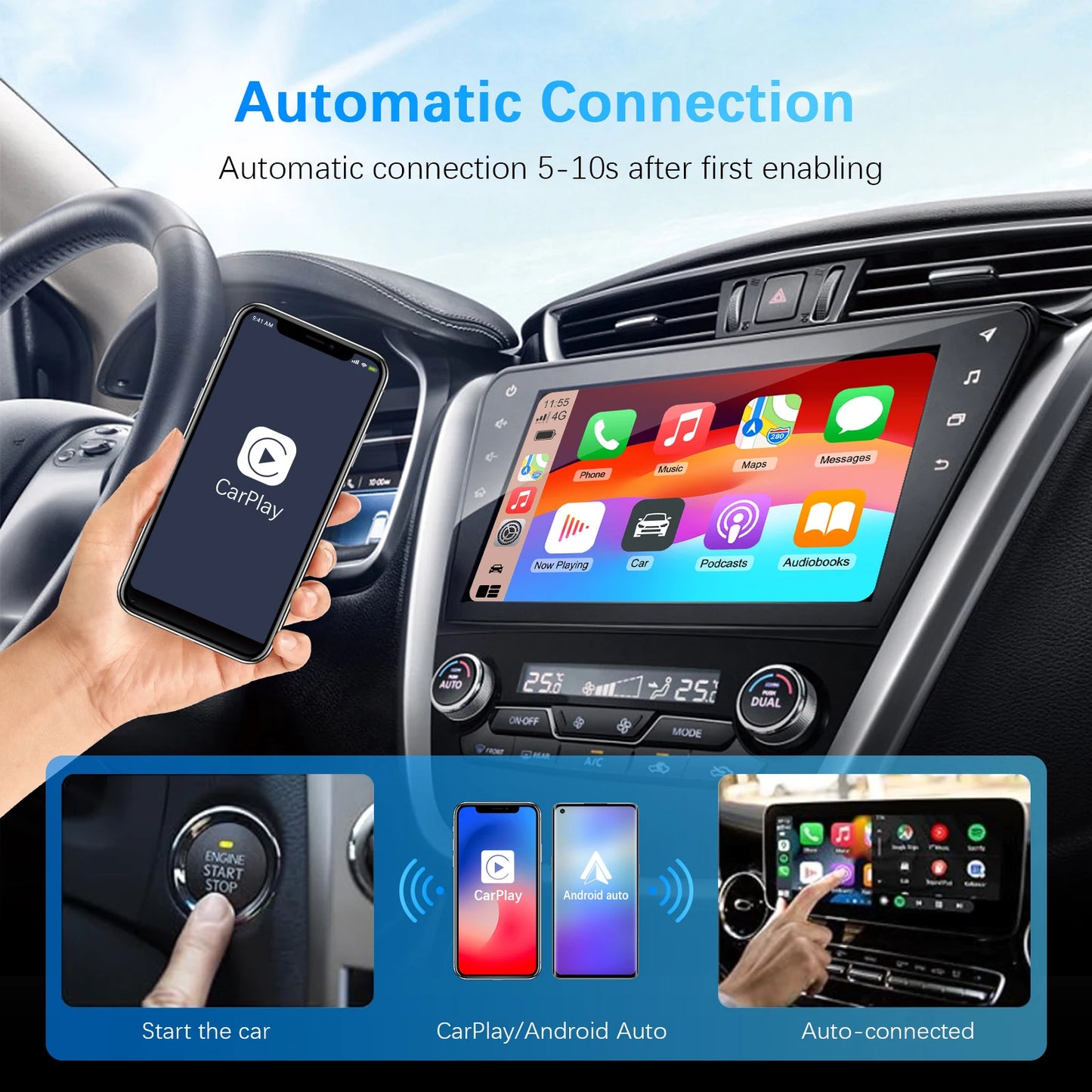 Ezonetronics Portable 2-in-1 Wireless CarPlay & Android Auto Adapter — for Wired-CarPlay Cars