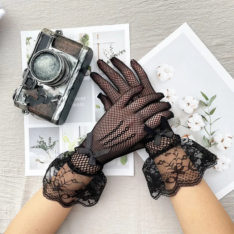 Girls Lolita Lace Hollow Out Gloves Women Ceremony Etiquette Mesh Thin Mittens Gothic Punk Sexy Glove Black White Soft Elastic