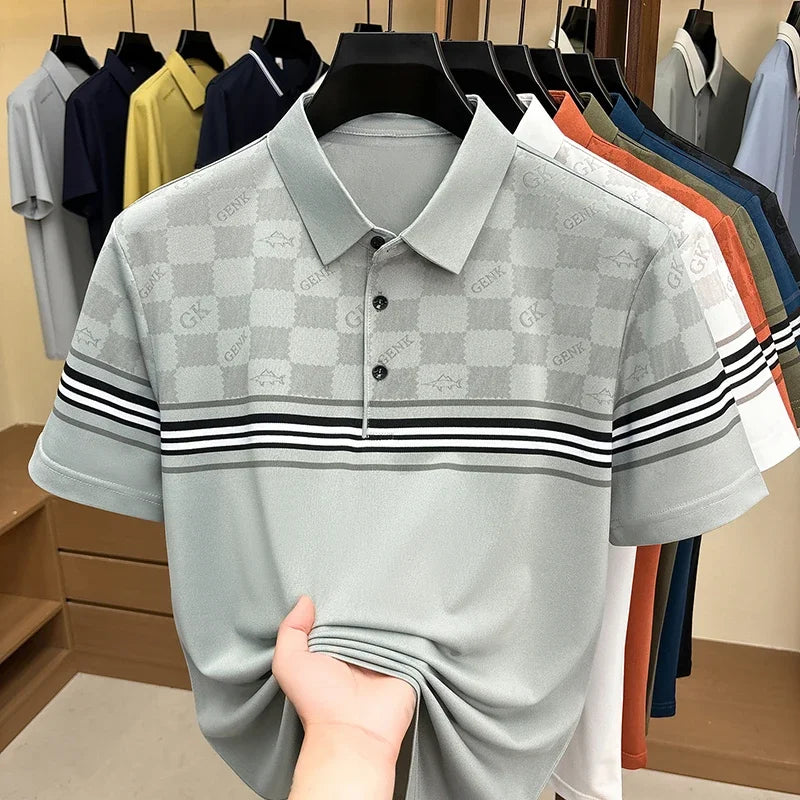 Men's Lattice-Print Lapel Polo - Soft Stretch, Sweat-Proof Summer