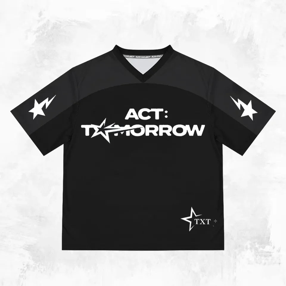 Bandai TXT Jersey Style T-shirt, Black Star Printed Streetwear, Neutral Casual Short Sleeved T-shirt Suitable for K-pop Fans
