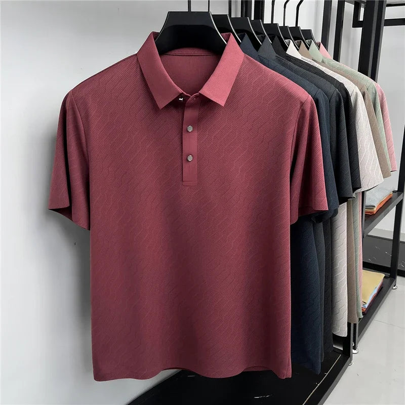 Men's Hollow-Mesh Polo - Wave Pattern, Slim Elastic Business Fit