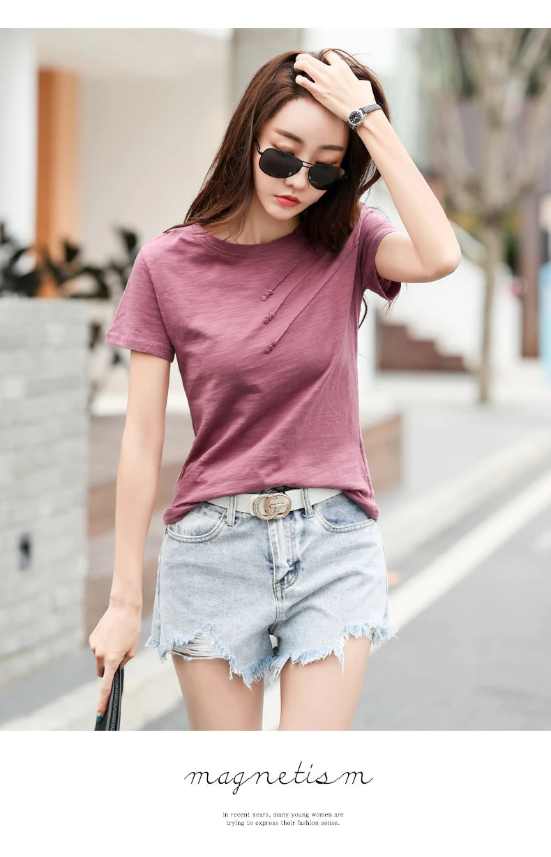 Women's slub cotton button tee, loose crew neck — view 18 of 20