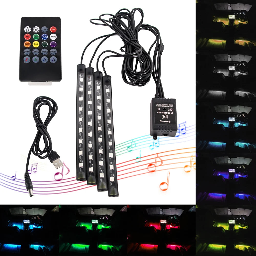 RGB LED Car Interior Ambient Light Strip – 36/48/72 LED Remote & App Music Control | USB or Cigarette Lighter | Atmosphere Foot Light