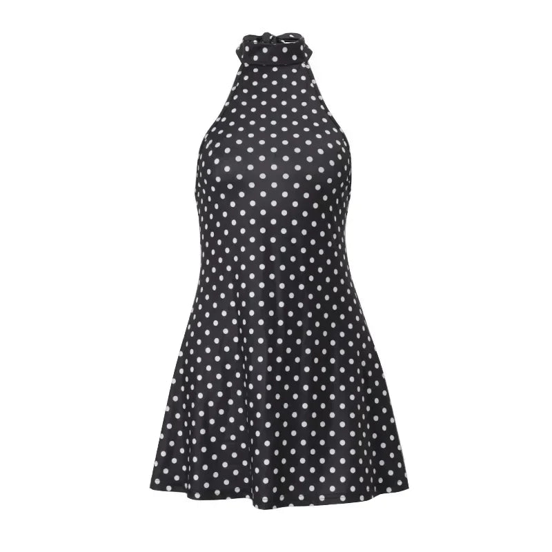 Chic Backless Polka Dot Halter Dress Women's Sleeveless Off Shoulder Lace Up Mini Vestidos 2026 Summer Lady Holiday Party Robe
