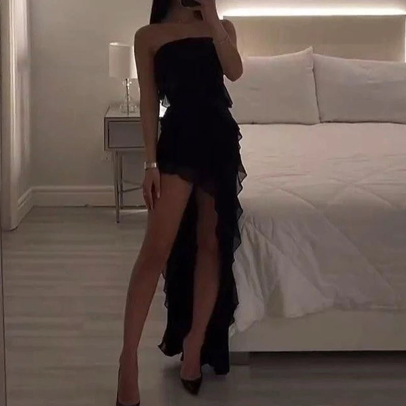 Women's Strapless Floral Mini Dress — Backless High-Slit Party Dress