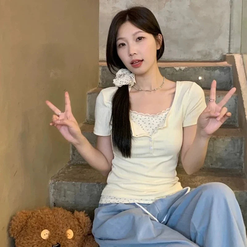 Women Soft Floral Lace Summer Blouse Lady Sweet Button Slim Fit 2026 Spliced Tops Female Seaside Designer Short sleeved T-shirt
