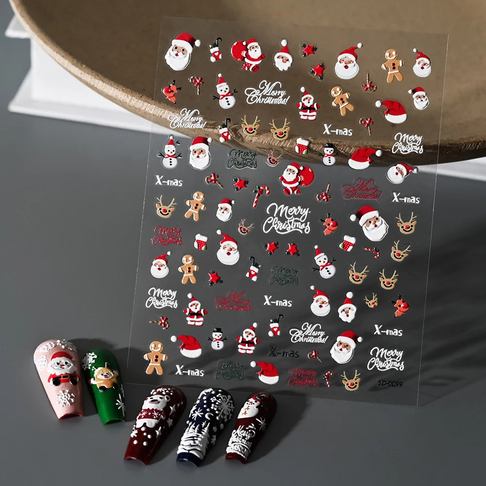 1pc Christmas Nail Art Stickers 5D Winter Holiday Themed Nail Decor Santa/Snowflakes/Christmas Trees/Gingerbread Nail Supplies *