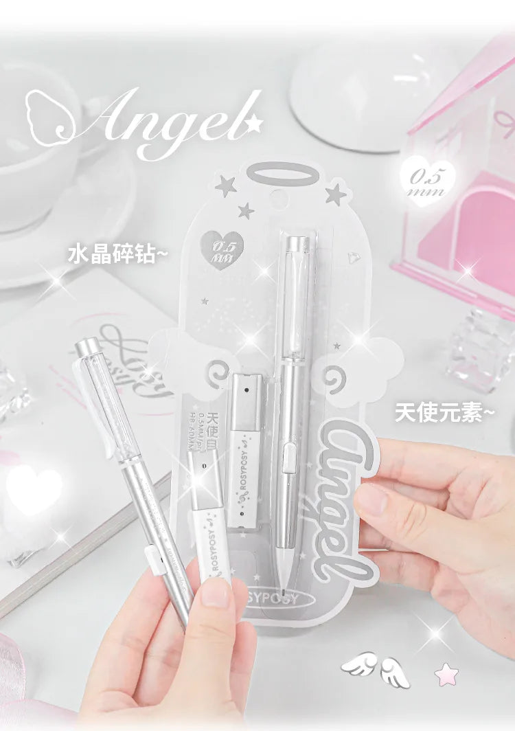 Angel Automatic Lead Set High Appearance Girl Heart Shiny Crystal Pen Holder 0.5HB Student Button Pencil and Lead Core