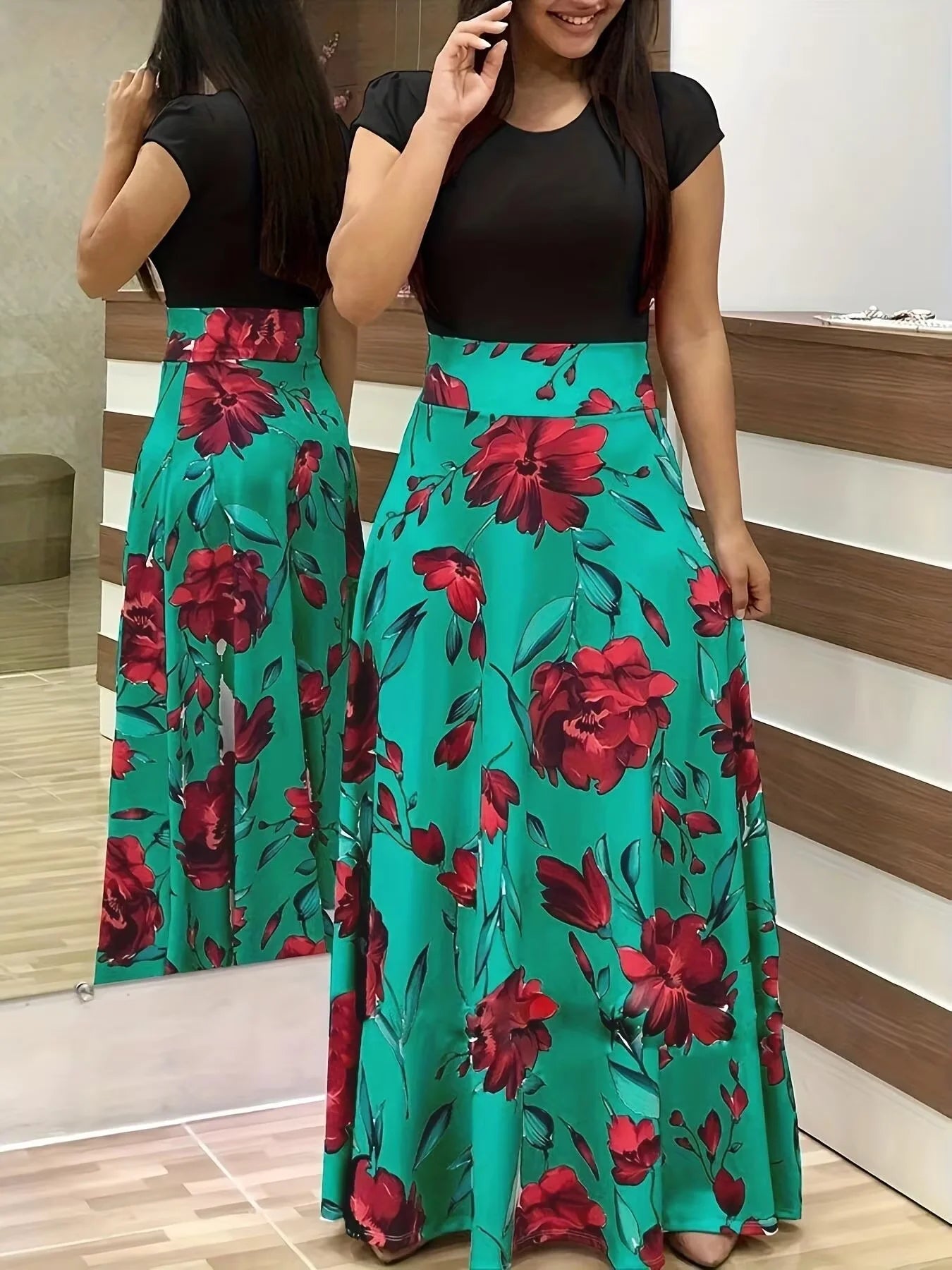 2025 European and American style flower print color matching short sleeved dress for women's large swing skirt