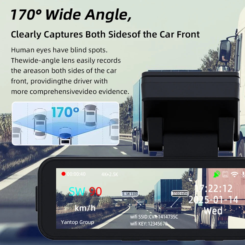 Dash Cam 4K UHD Recording Car Camera DVR Night Vision Video Recorder GPS Wi-Fi Support Dual Lens Room 2.5K Rear View Camera