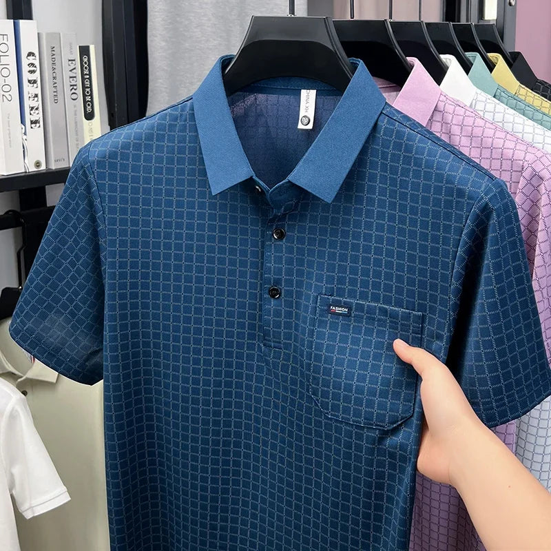 Men's Contrast Lapel Polo - Micro-Lattice Print, Chest Pocket