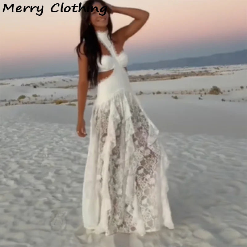 Sexy Lace Patchwork Dress Women Hollow Out Sleeveless Party Club Long Skirt See Through Halter Evening Gown Vacation Lady Robes