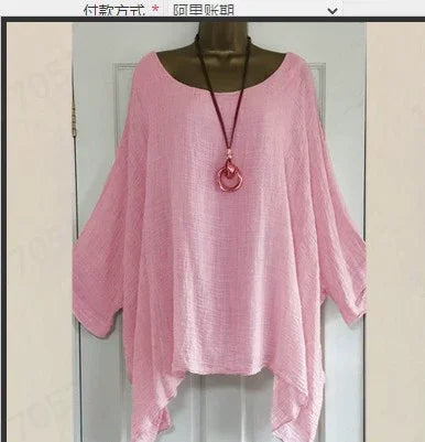 Women's Plus-Size Linen T-Shirt — Loose Batwing Long-Sleeve Top (to 5XL)