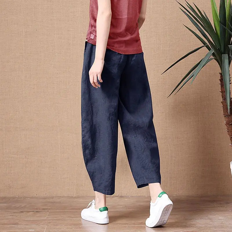 Loose Wide Leg Cotton Linen Pants High Waist Nine Points Women's plus Size Summer New Sle Casual Trousers Versatile Loose Fit