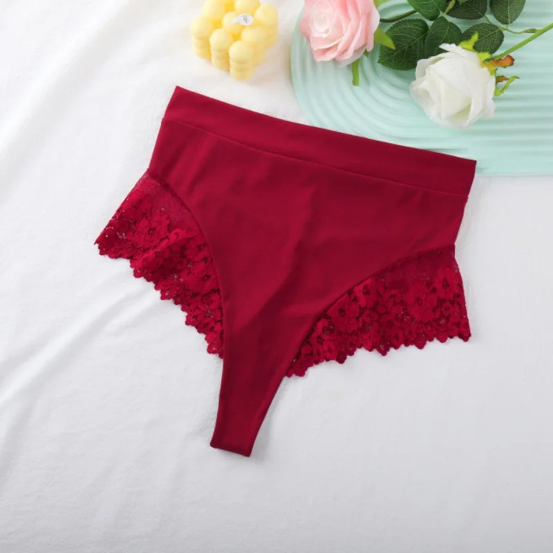 Women's High Waist Panties Sexy Underpants Spliced Lace Lingerie Bowknot Cotton Crotch Thongs Perspective Solid Color Underwear