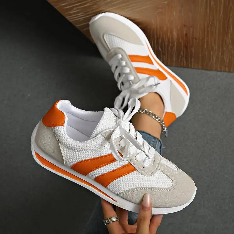 Striped Platform Sneakers for Women — Vulcanized Lace-Up Casual Running Shoes