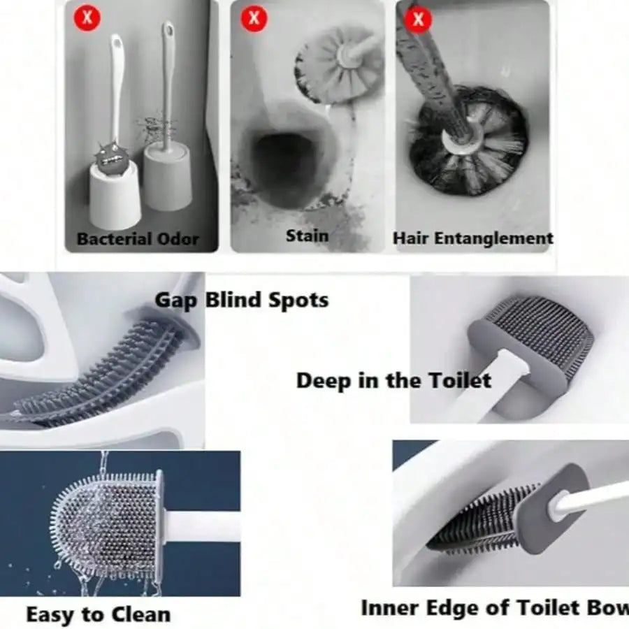 3-Piece Silicone Toilet Brush Set: Wall-Mounted Bracket & Crevice Cleaner