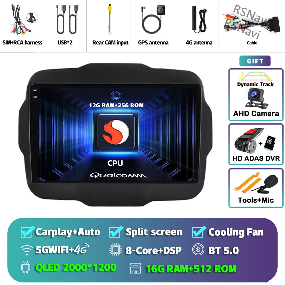 Android 16 For Jeep Renegade 2016 - 2020 2K QLED Android Car Radio Multimedia Video Player GPS AI Voice CarPlay 4G Stereo
