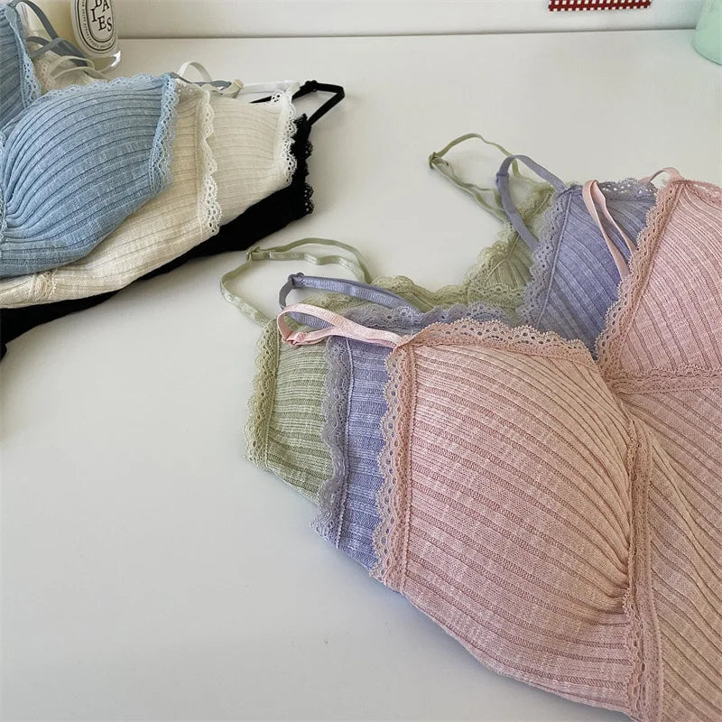 Korean Lace Deep-V Tank Top — Women's Padded Crop Camisole
