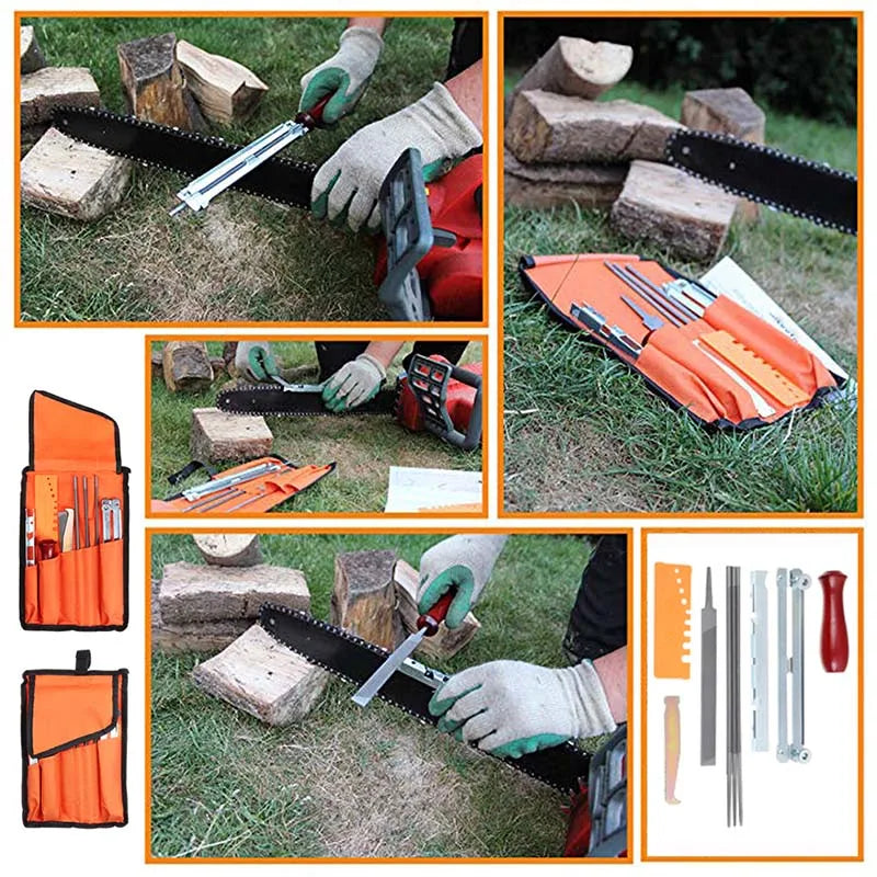 Chainsaw Chain Sharpening Kit — Round/Flat File Guide Bar Sharpener Set