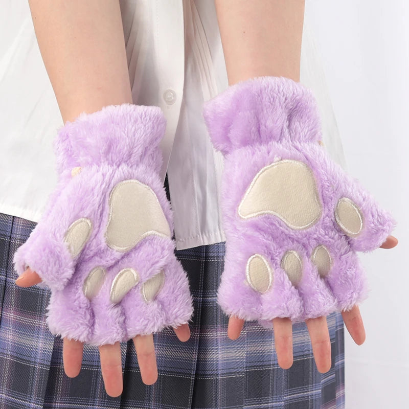 Women's Cat Paw Fingerless Gloves, Plush