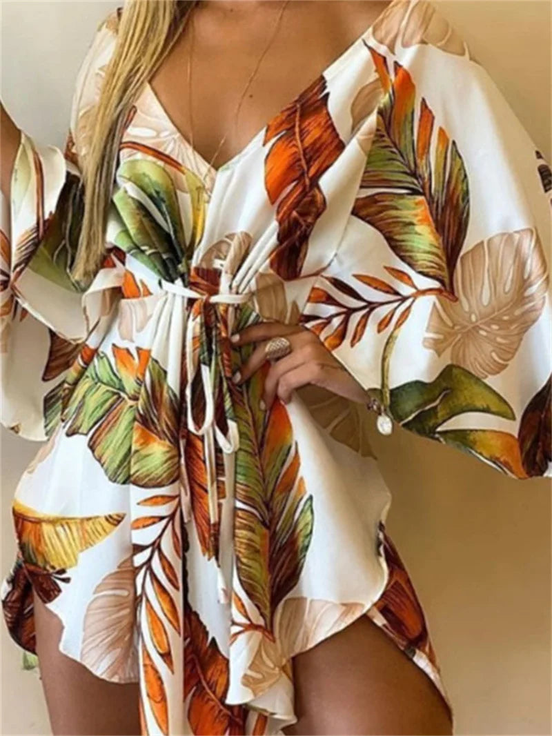 Women's Floral Print Bohemian Beach Sundress – V-Neck Bat Sleeve Ruffle Loose Summer Mini Dress