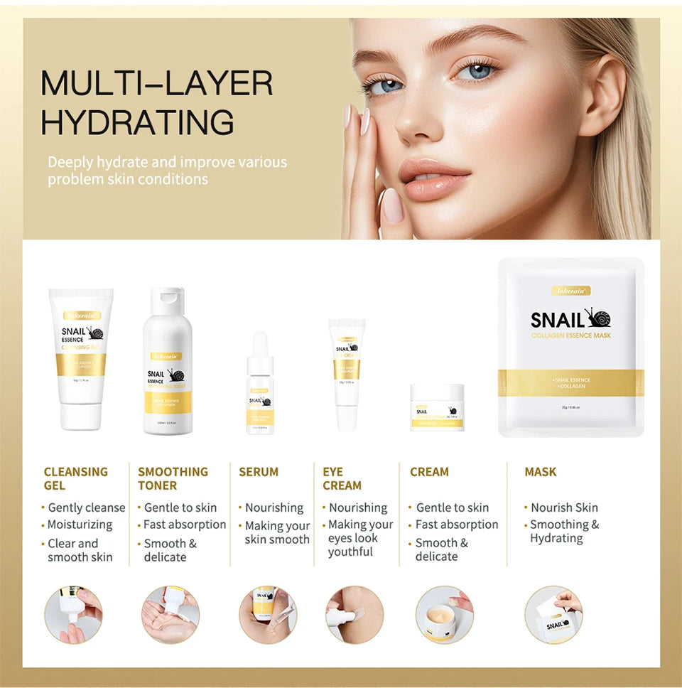 Lakerain Snail Collagen Skin Care Set Smoothing Skin Long Lasting Hydrating Deep Cleaning Improve Elasticity Face Care Kits