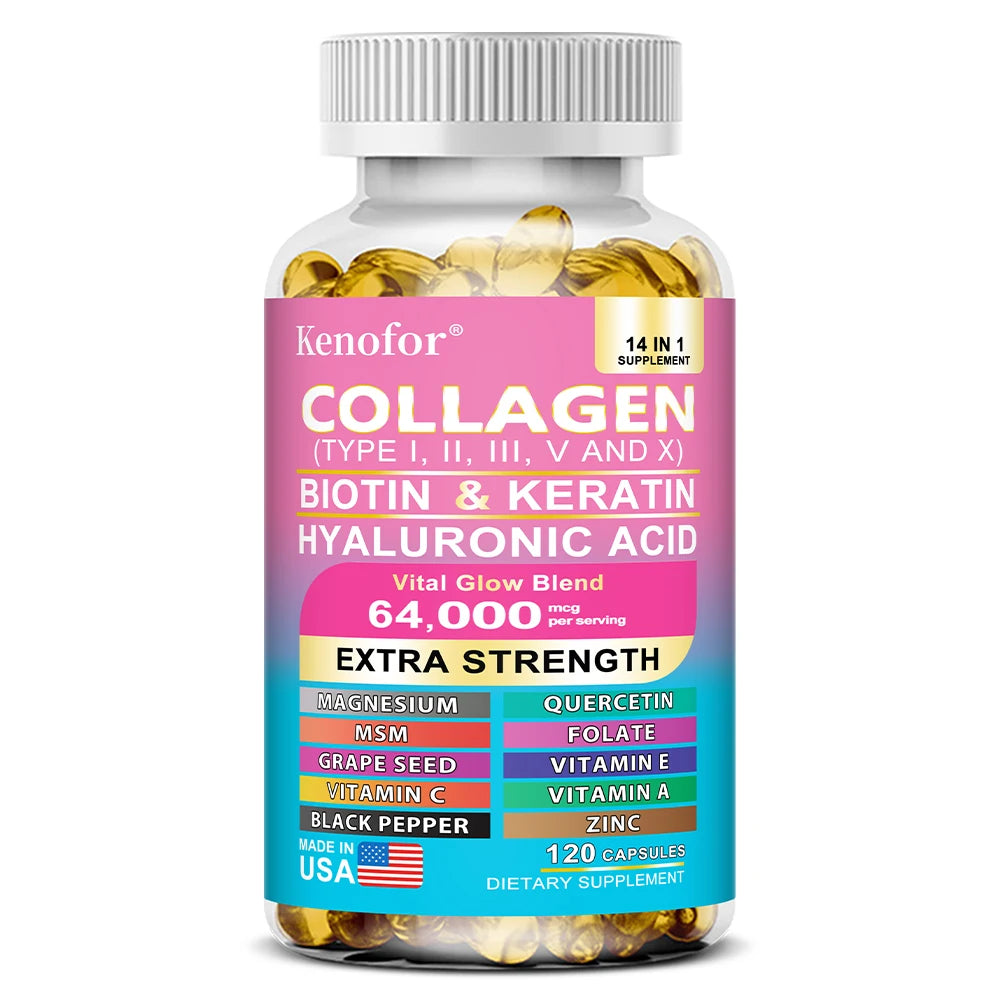 Kenofor 14-in-1 Collagen Capsules – Biotin, Keratin, Hyaluronic Acid, Vitamins A/C/E | Anti-Aging Skin, Hair & Nails Supplement | 30/60/120 Count