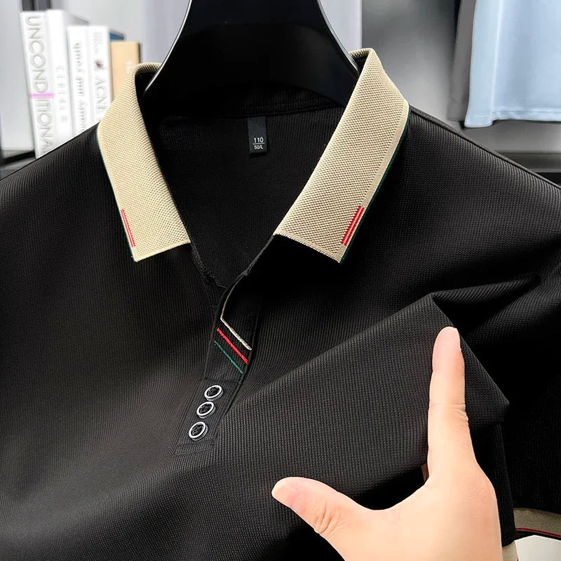 Men's Lapel Polo - Decorative Stripe Placket, Breathable Mesh