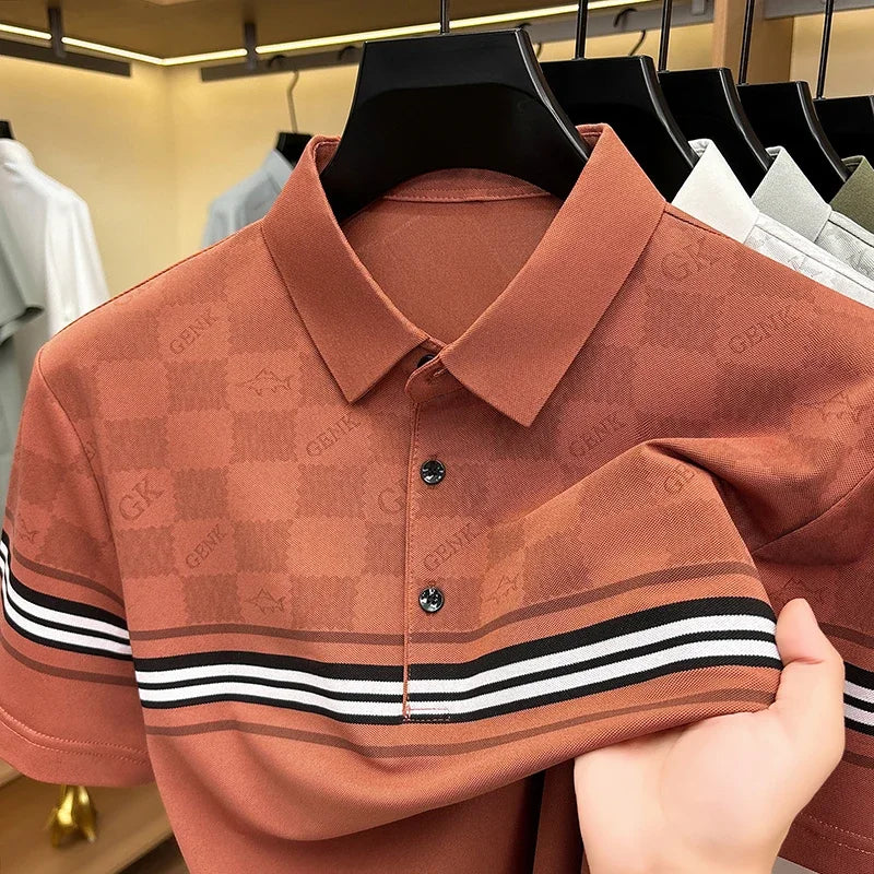 Men's Grid Jacquard Polo - Stripe Sleeve, Wrinkle-Free Office Wear