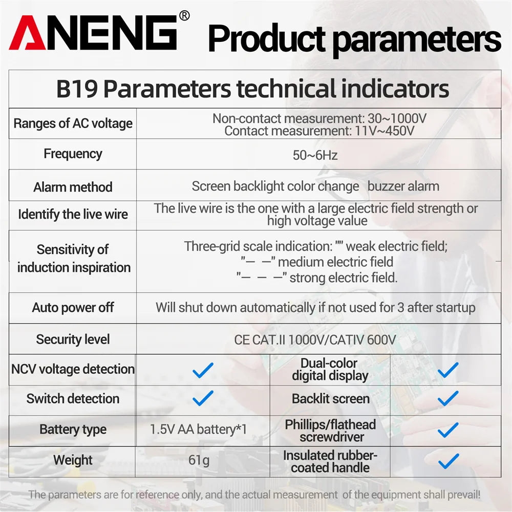 ANENG B19 Cross/flat Screwdriver Pen Small Handheld Test Pencil Non-contact Detection 30-1000V Voltage Buzzer Breakpoint Finder